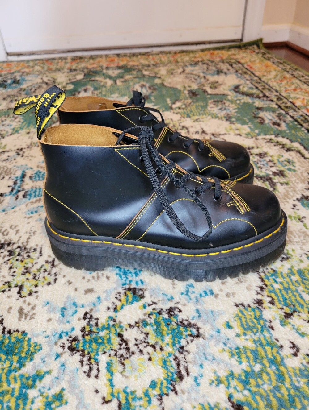 Dr. Martens Church Quad Platform Monkey Yellow Stitching Leather Boots, W9 M8 - Picture 3 of 10